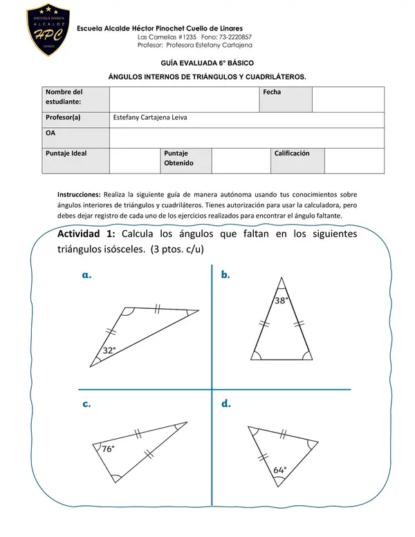Ángulo interiores de triángulos y cuadriláteros.