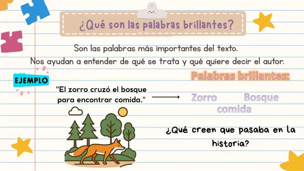 Localizar palabras claves e inferir - "Palabras brillantes". Estrategias de comprensión lectora. 