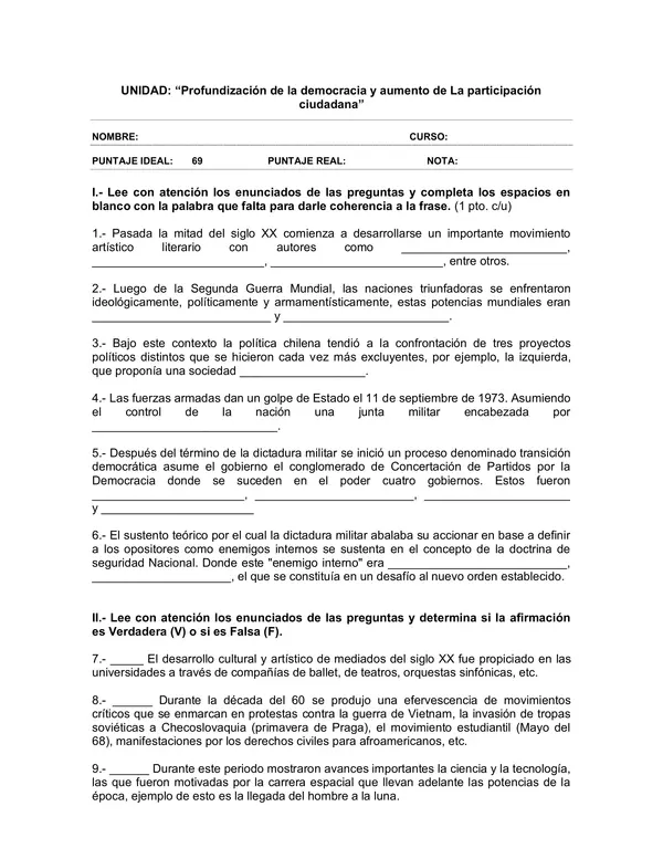 Evaluacion de Historia y Geografia 6 Basico: la participacion ciudadana y la democracia