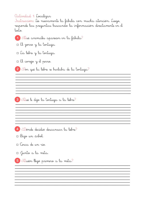 Comprensión Lectora: Fábula "La Libre y la Tortuga" – 1° a 3° Básico