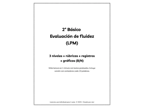 2° básico | Evaluación de fluidez (LPM) – 3 niveles + rúbrica + registros + gráficos (B/N | No-Prep)