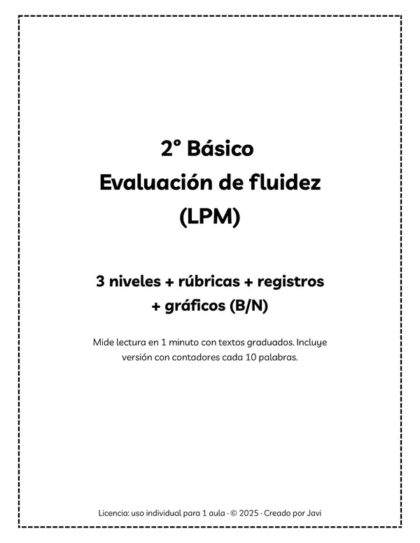 2° básico | Evaluación de fluidez (LPM) – 3 niveles + rúbrica + registros + gráficos (B/N | No-Prep)