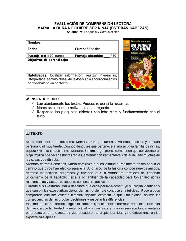 Prueba del libro "María la Dura no quiere ser ninja" (Esteban Cabezas) 5° básico