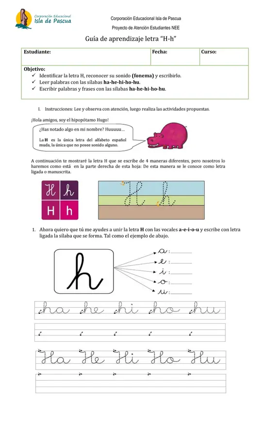 Guía de aprendizaje letra “H-h”