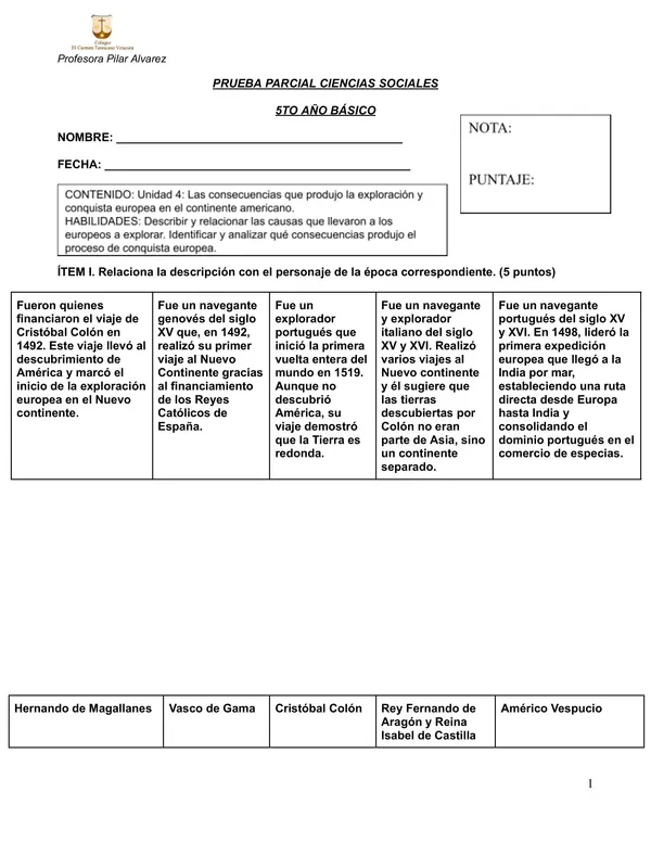 5to básico: evaluación Unidad 4 Historia