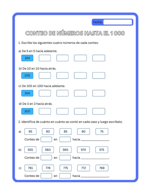 3° básico - Ficha de aprendizaje "Conteo de números hasta el 1 000"