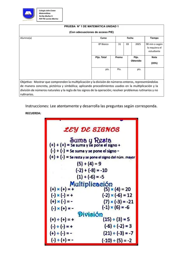 PRUEBA DE MATEMÁTICAS CON ADECUACIONES