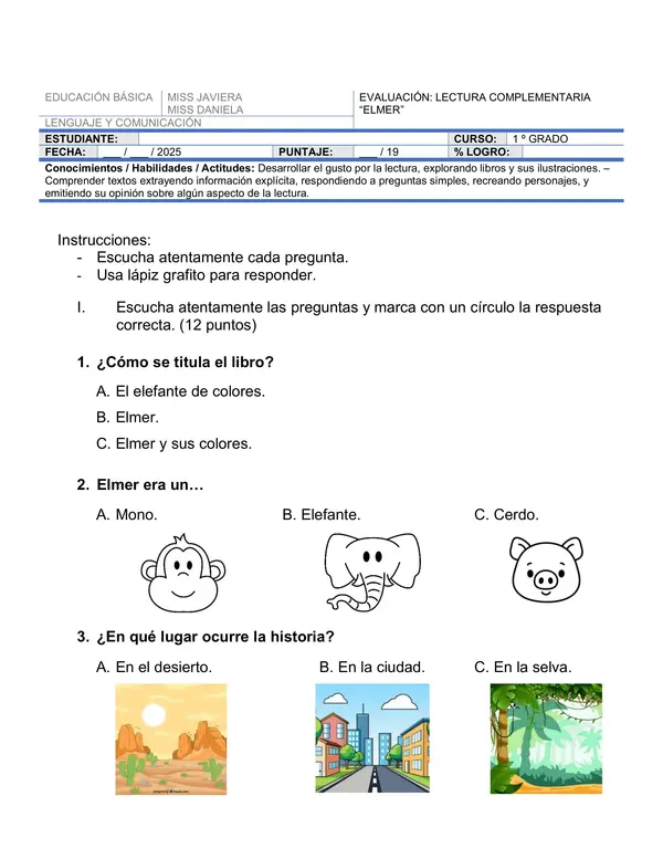 Evaluación Lectura Complementaria "Elmer"