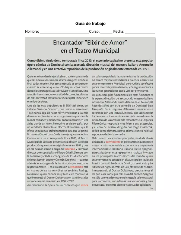 GUIA DE TRABAJO ELIXIR DE AMOR, OCTAVO BASICO, LENGUAJE ( la critica)