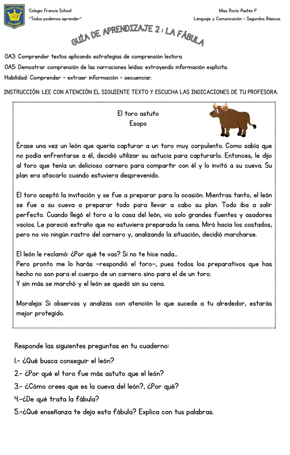 Guía de aprendizaje - Fábula "El toro astuto"