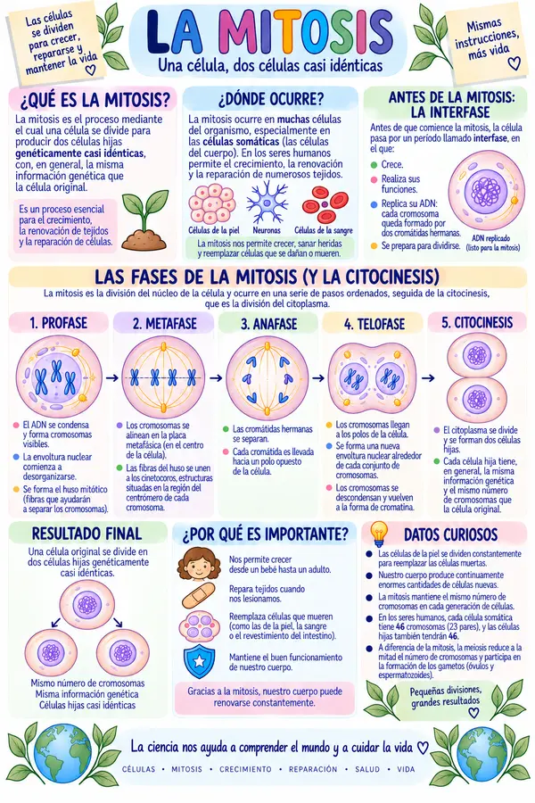 La mitosis – Póster educativo de división celular | Fases de la mitosis y citocinesis