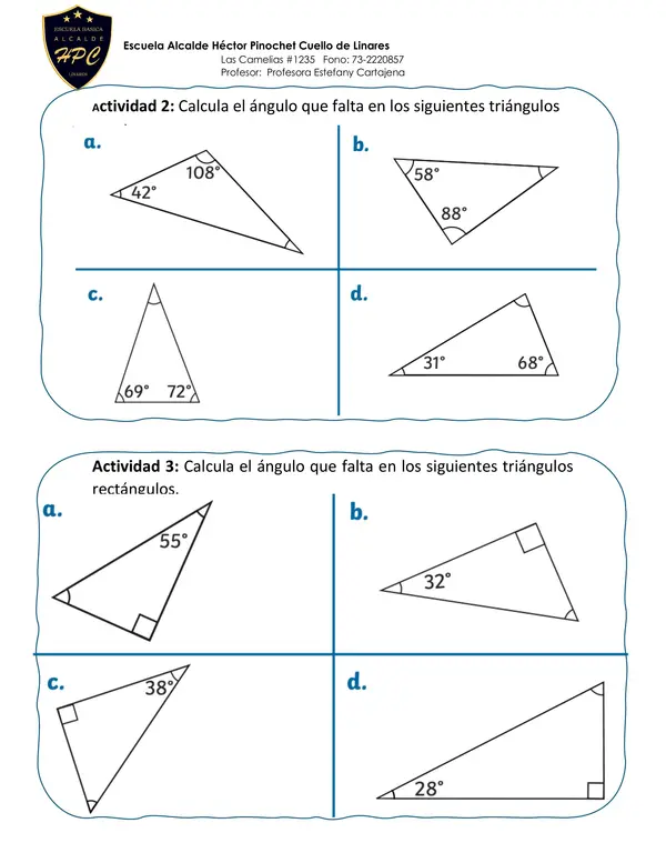 Ángulo interiores de triángulos y cuadriláteros.