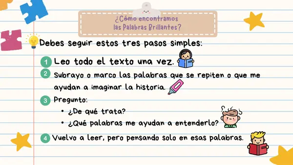 Localizar palabras claves e inferir - "Palabras brillantes". Estrategias de comprensión lectora. 