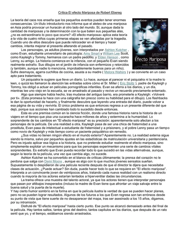 Comentario critico  sobre pelicula El efecto mariposa con actividades 
