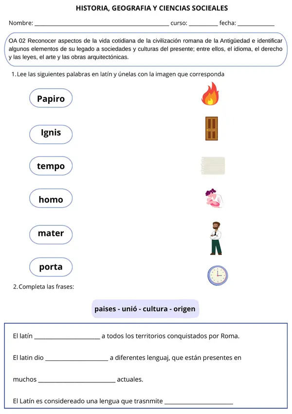 Ficha de Historia: El Legado de los Romanos - Latín, Derecho y Calendario