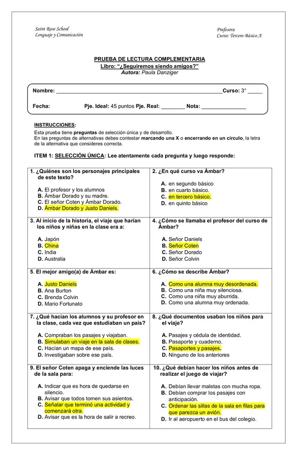 Prueba de lectura complementaria "¿Seguiremos siendo amigos"