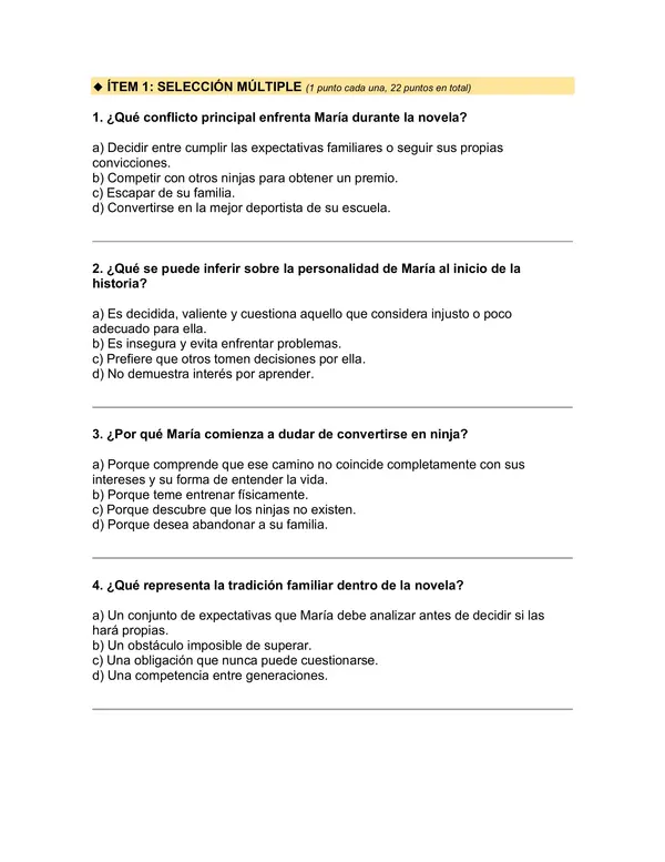 Prueba del libro "María la Dura no quiere ser ninja" (Esteban Cabezas) 5° básico