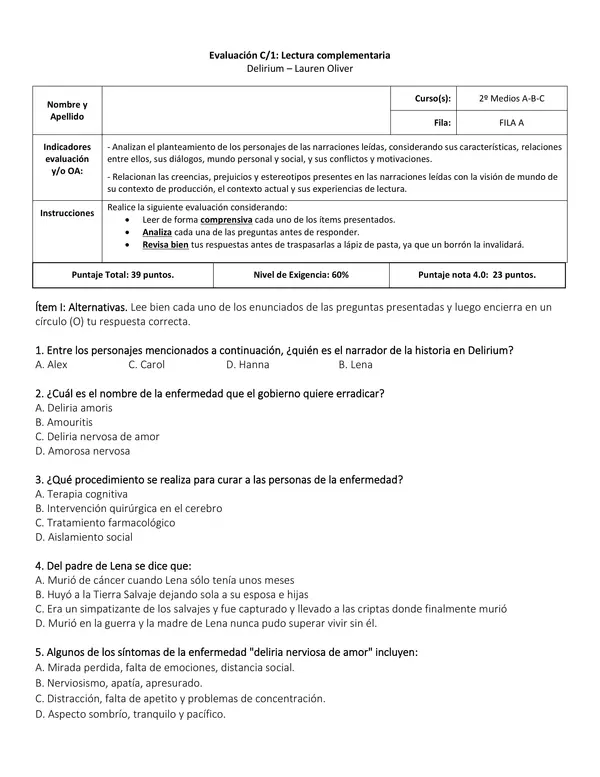 Evaluación libro "Delirium-Laura Oliver"