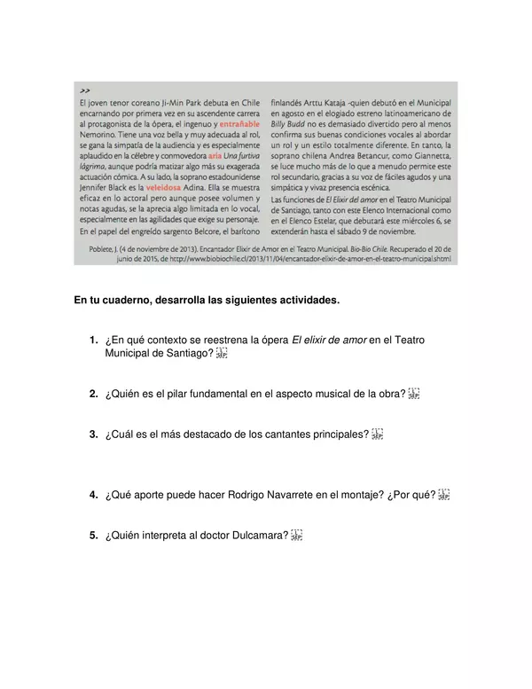 GUIA DE TRABAJO ELIXIR DE AMOR, OCTAVO BASICO, LENGUAJE ( la critica)