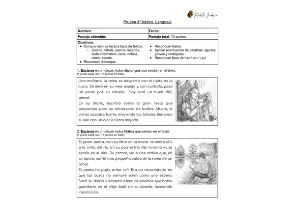 Prueba diagnóstica de Lenguaje, 4to básico