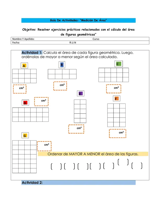 Guía editable de medición de Área matemática Cuartos años en Word