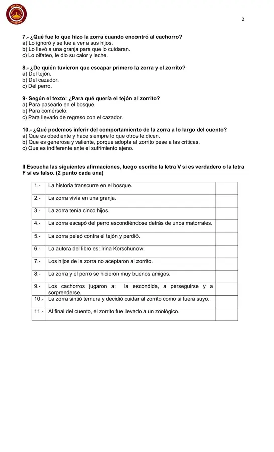 Prueba Plan lector El zorrito abandonado
