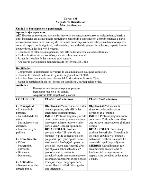 Planificación Clase a Clase Septiembre - Orientación - 1° Medio