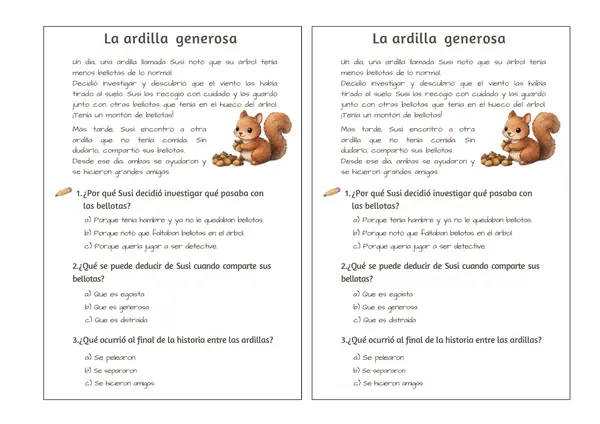 Comprensión de lectura corta para pegar en el cuaderno "La ardilla generosa"