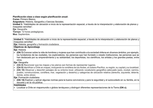 Planificación Mensual Clase a Clase para 1º Básico, historia, septiembre