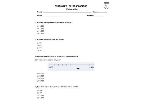ENSAYO SIMCE N.º 1 – MATEMÁTICA | 4.º BÁSICO
