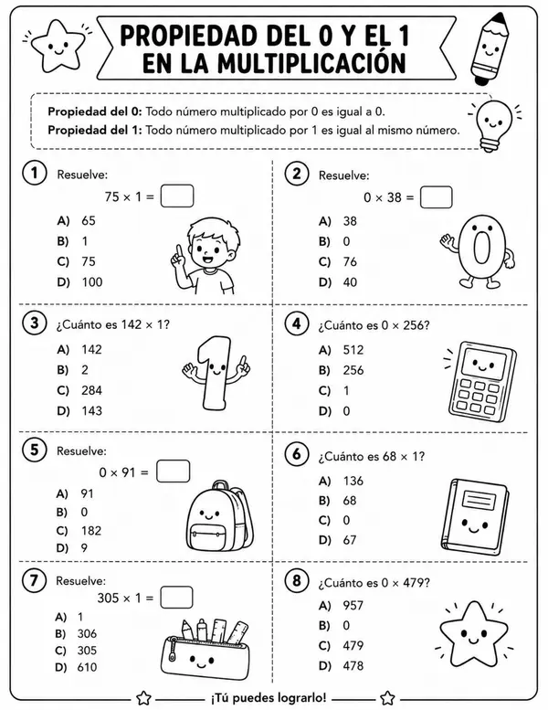 Propiedad del 0 y del 1 en la multiplicación – Ficha de práctica
