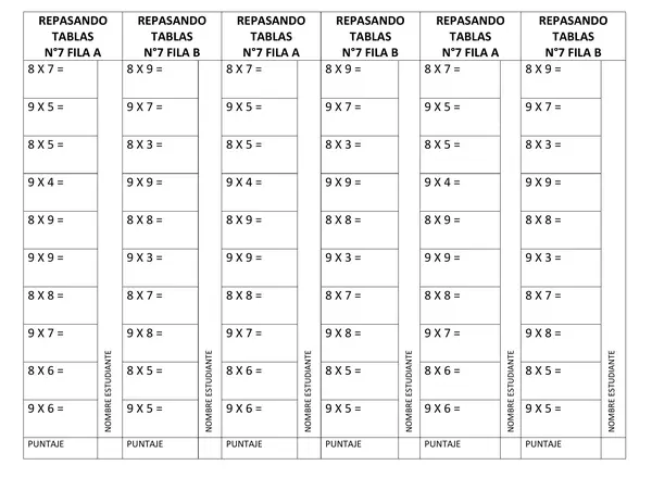 tablas de multiplicar 8 y 9