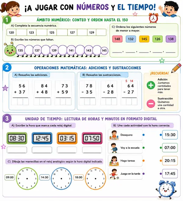 numeros hasta el 150 y medida de tiempo 