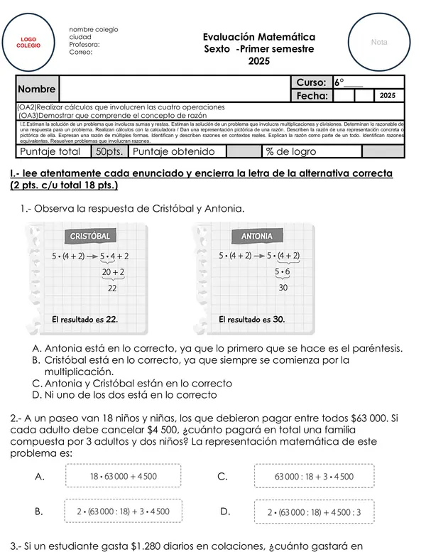 Evaluación de Matemática Sexto Básico Operaciones y Concepto de Razón (OA2 y OA3)
