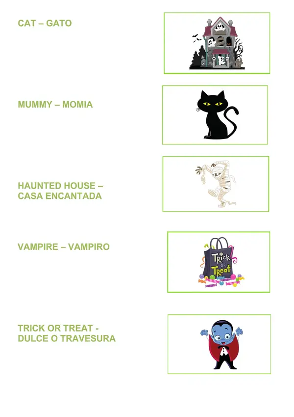 Actividades Ingles/español de vocabulario de Halloween con pictogramas