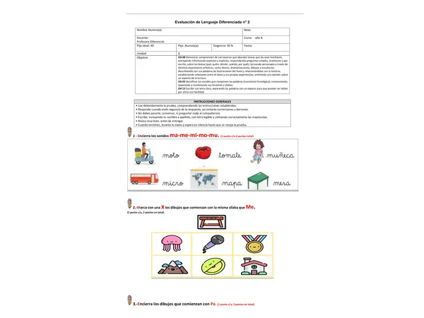 Evaluación Diferenciada  de Lenguaje Primero Básico