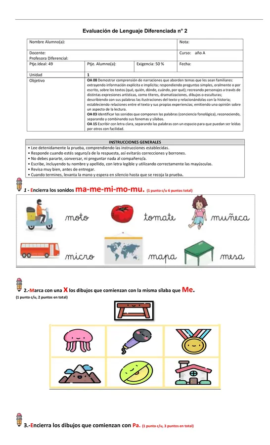 Evaluación Diferenciada  de Lenguaje Primero Básico