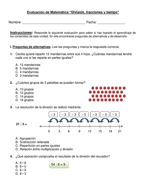 Prueba "División, fracciones y tiempo" Tercer año.