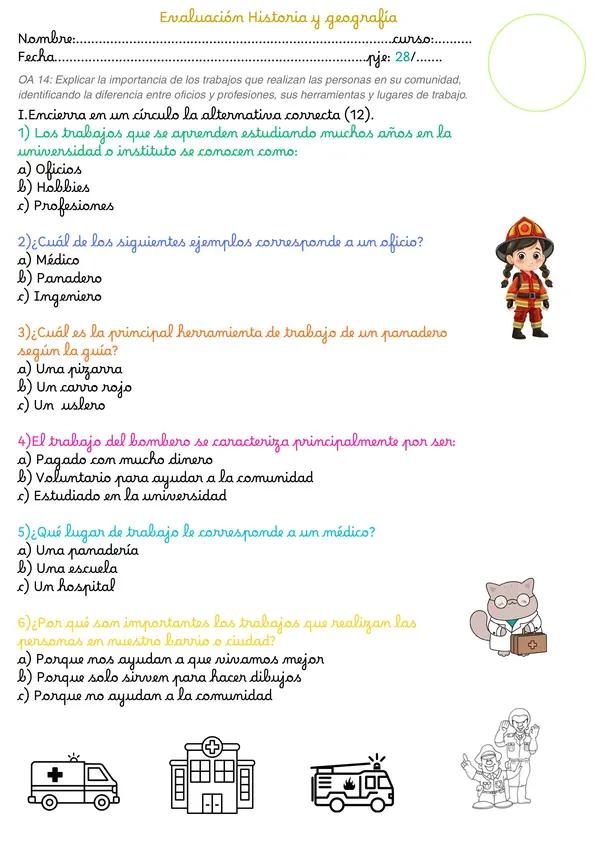 Evaluación escrita  "profesiones  y oficios"