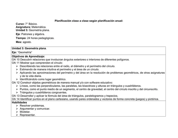 Planificación mensual agosto  Matemática 7° Básico: Geometría Plana (Unidad 3)