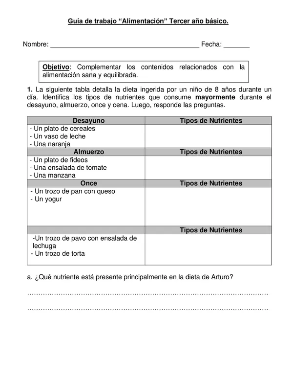 Guía de trabajo " Alimentos" Tercer año básico.