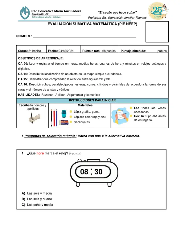 Prueba matemática NEEP "La hora, figuras 3D, objetos en cuadrícula" 3° básico