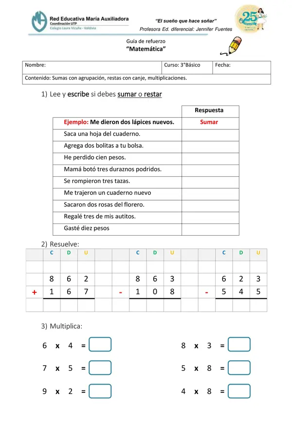 Refuerzo de sumas, restas y multiplicaciones