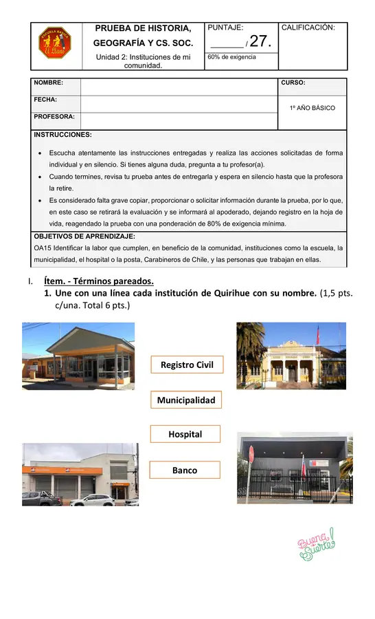 Prueba de Historia Primero básico Unidad 2 "Instituciones"
