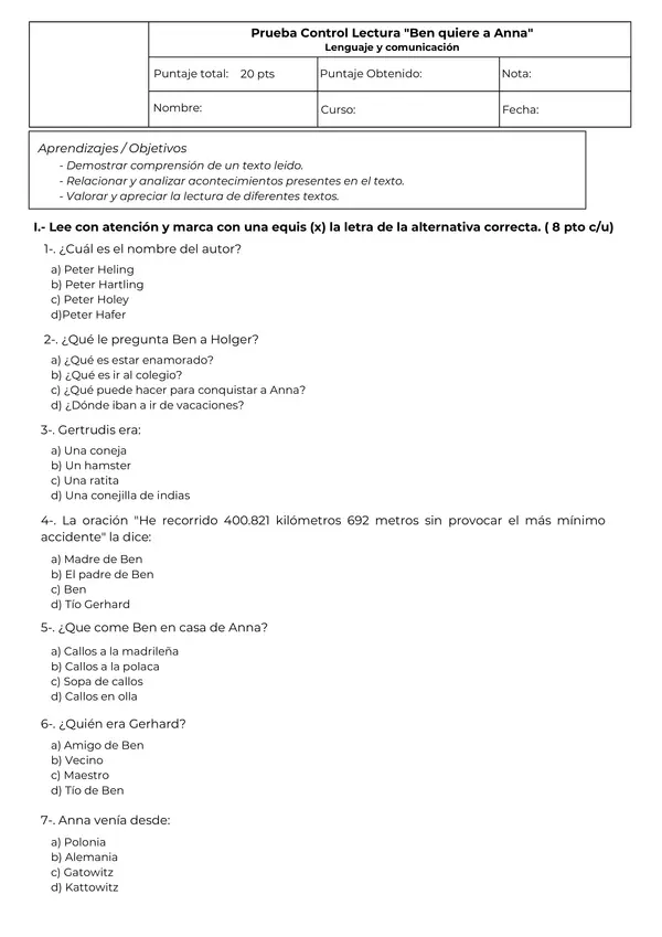 Prueba control de lectura "Ben quiere a Ana"