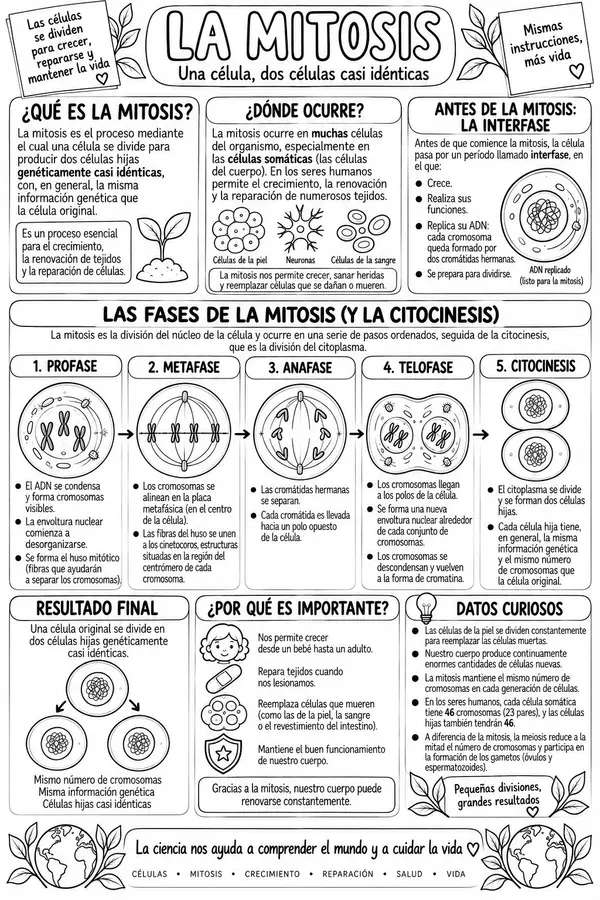 La mitosis – Póster educativo de división celular | Fases de la mitosis y citocinesis
