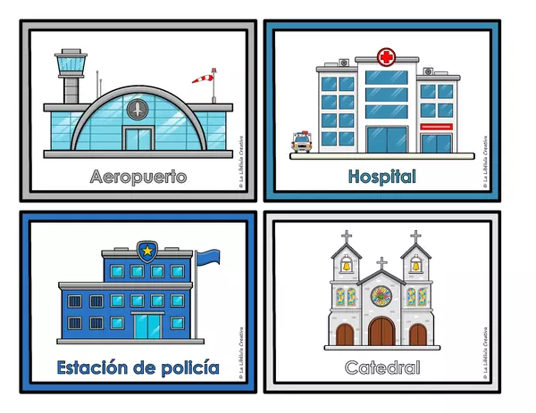 Tarjetas Ilustrativas Ciudad Lugares Edificios Español Recortar Color