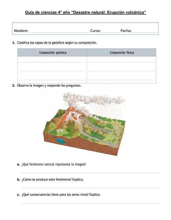 Guía de ciencias 4° año "Desastre natural: Erupción volcánica"