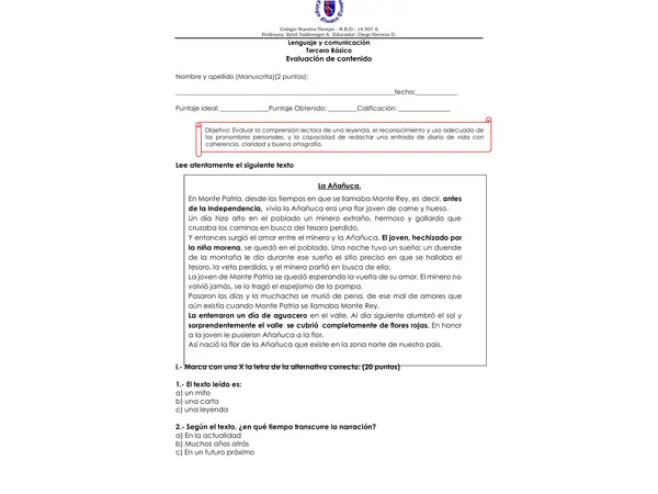Evaluación leyenda, pronombres personales