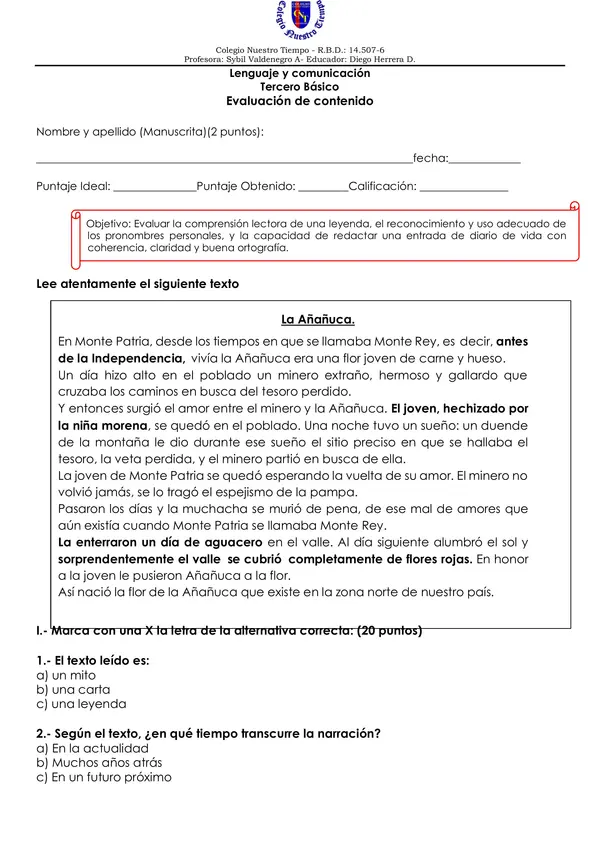 Evaluación leyenda, pronombres personales